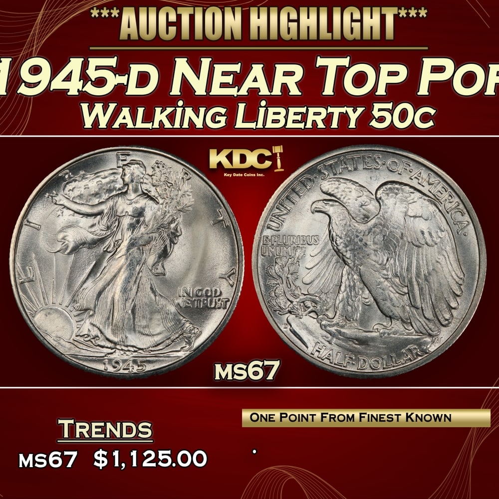 1945-d Walking Liberty Half Dollar Near Top Pop 50c ms67 SEGS: 1945-d Near Top Pop Walking Liberty Half Dollar 50c ms67 SEGS.