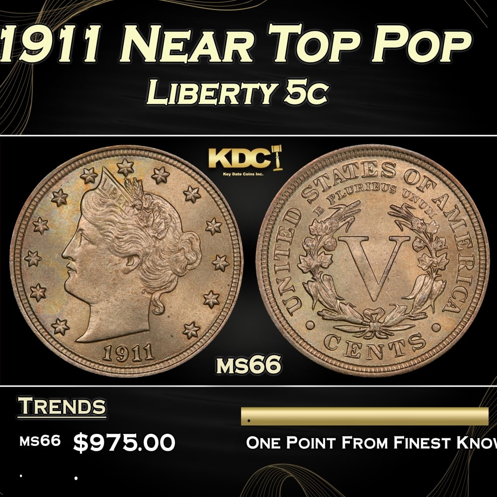 1911 Liberty Nickel Near Top Pop 5c ms66 SEGS: 1911 Near Top Pop Liberty Nickel 5c ms66 SEGS. 0