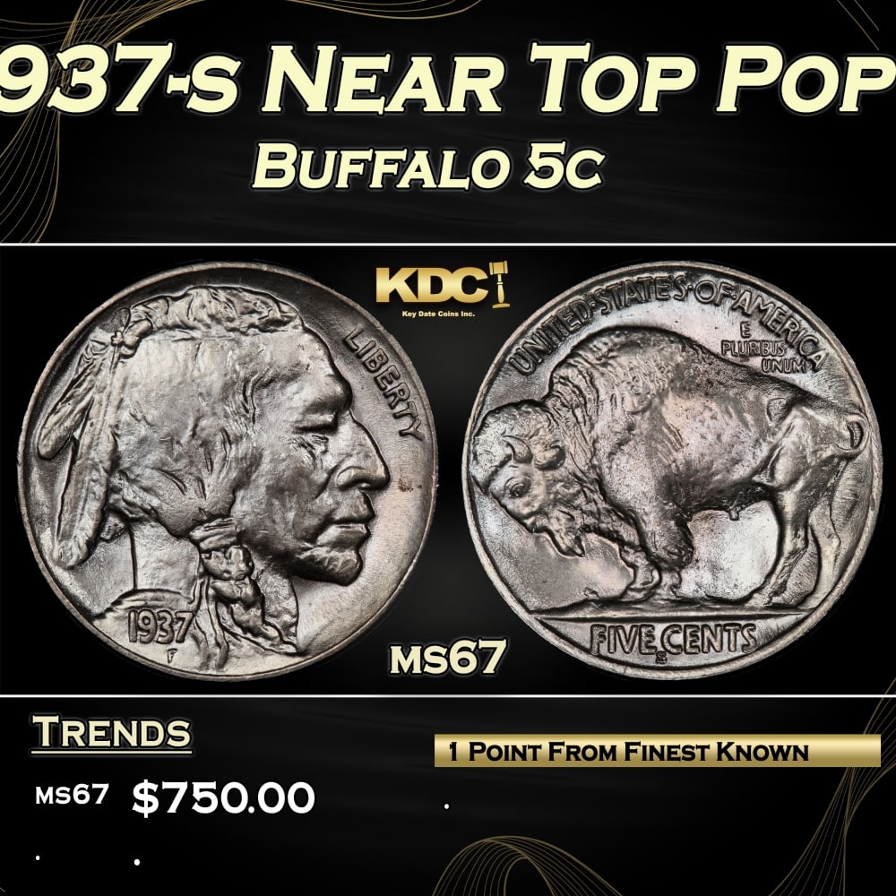 1937-s Buffalo Nickel Near Top Pop 5c ms67 SEGS: 1937-s Near Top Pop Buffalo Nickel 5c ms67 SEGS.