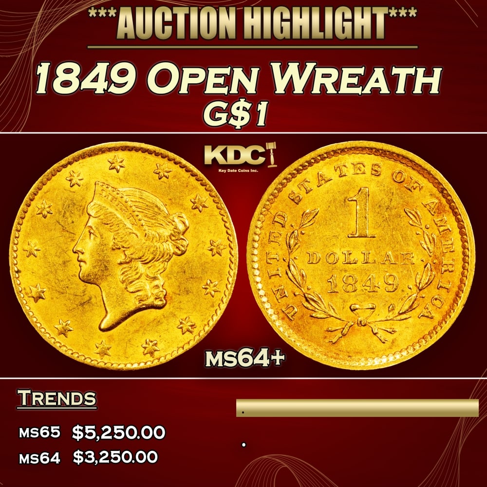 1849 Open Wreath Gold Dollar $1 ms64+ SEGS (1 of 3)