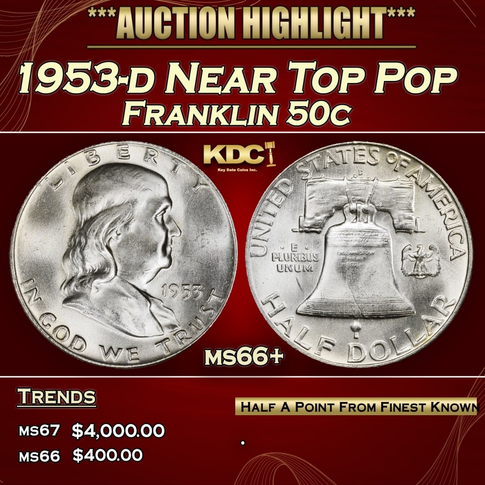 1953-d Franklin Half Dollar Near Top Pop 50c ms66+ SEGS (1 of 3)