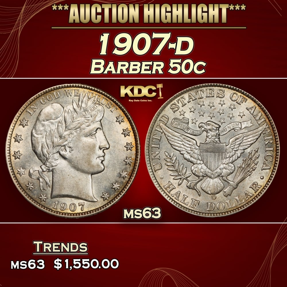 1907-d Barber Half Dollars 50c ms63 USCG (1 of 3)
