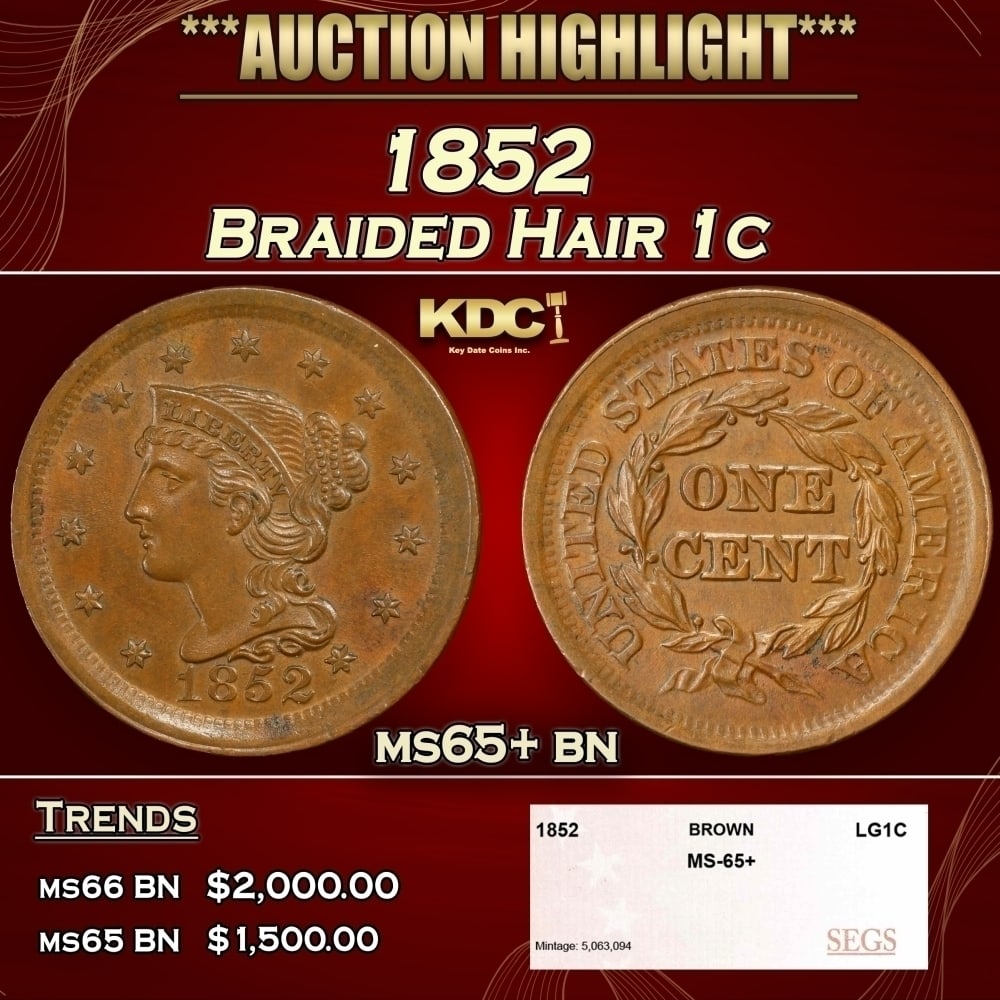 1852 Braided Hair Large Cent 1c ms65+ bn SEGS: 1852 Braided Hair Large Cent 1c ms65+ bn SEGS. 0 Historic precious metal trends is causing increased spot pricing by the day. On auctions with set openings, we are doing our best to have items priced 