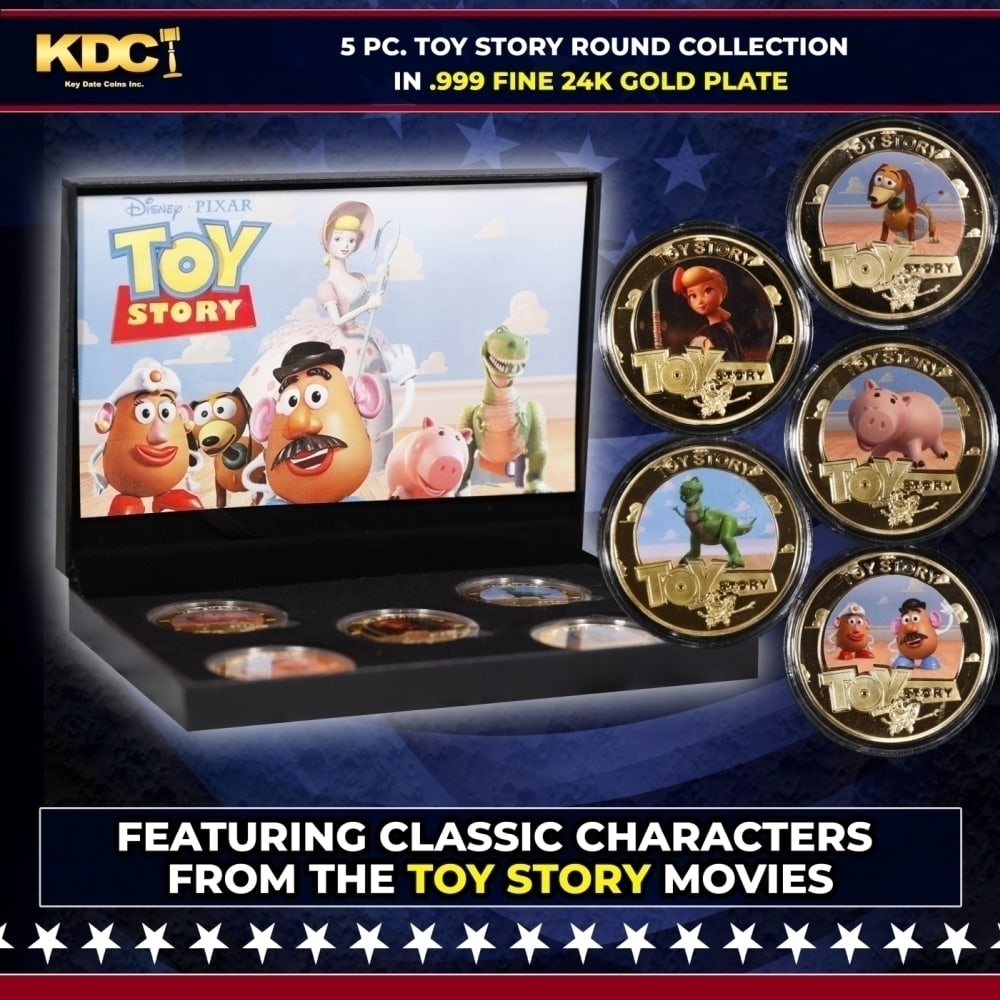 5 Coin Toy Story Gold Plated Round Collection In Custom Box W/ Special Backer card: 5 Coin Toy Story Gold Plated Round Collection In Custom Box W/ Special Backer card. Please Note All Backer Cards may have slight differences but will be very similar if not identical to the one in the