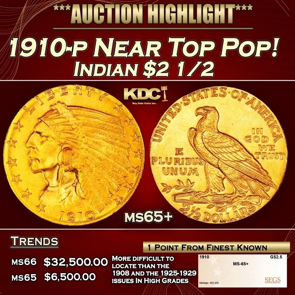 1910-p Gold Indian Quarter Eagle Near Top Pop! $2 1/2 ms65+ SEGS: 1910-p Near Top Pop! Gold Indian Quarter Eagle $2 1/2 ms65+ SEGS. The 1910 Indian quarter eagle claims a nominal mintage of 492,000 pieces, and the issue is a medium rarity in the series in high grade