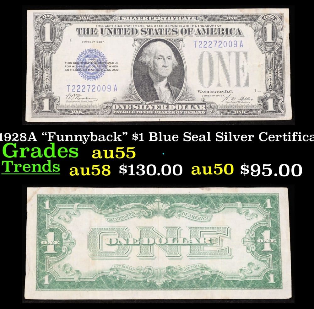 1928A $1 Blue Seal Silver Certificate "Funnyback" Grades Choice AU: 1928A $1 Blue Seal Silver Certificate "Funnyback" Grades Choice AU. FR-1601 Signatures Woods-Mellon These were the first notes to be called funnybacks. The reason they are called funnybacks is because