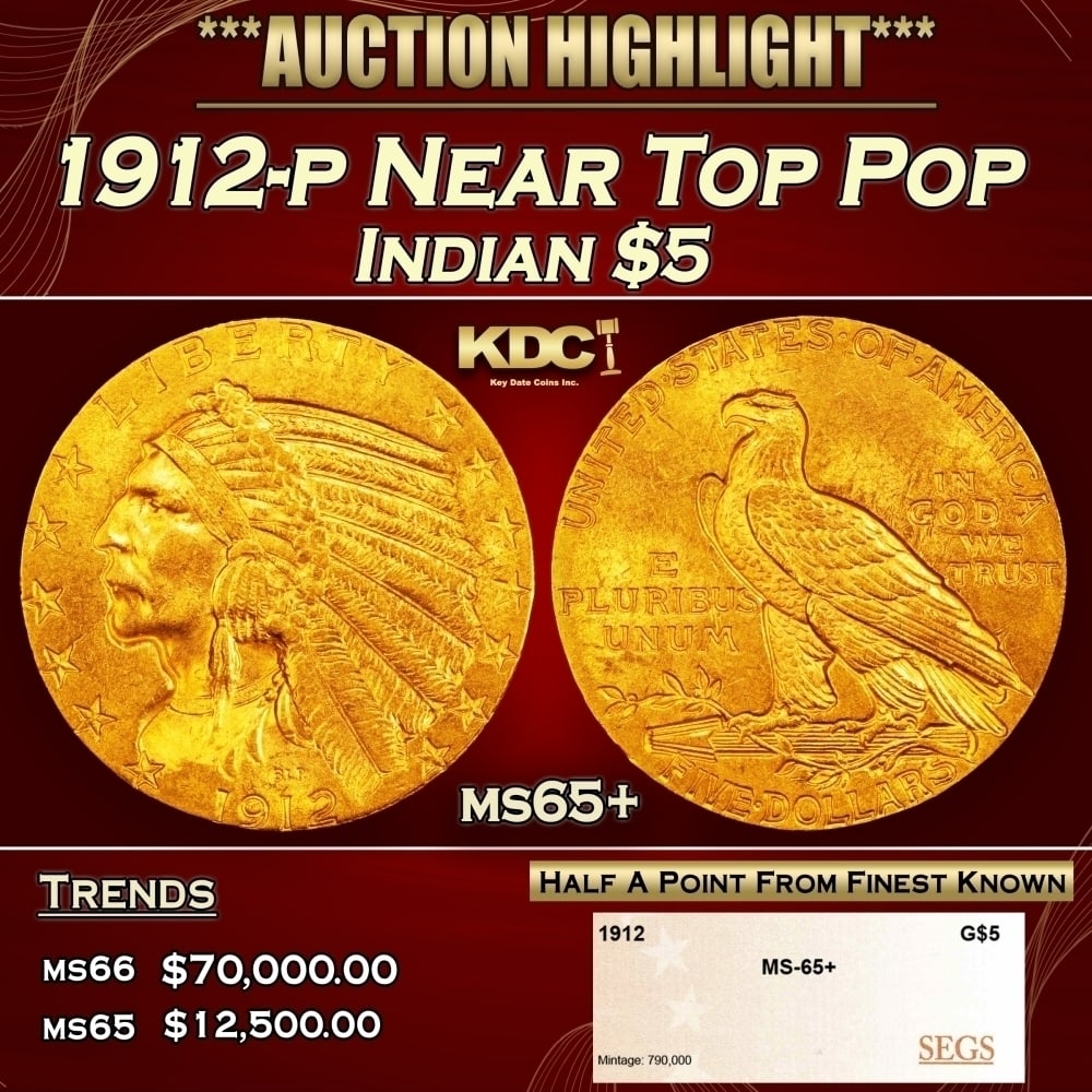 1912-p Gold Indian Half Eagle Near Top Pop $5 ms65+ SEGS (1 of 4)