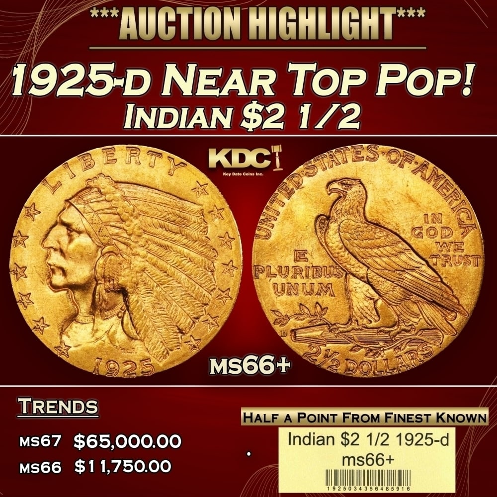 1925-d Gold Indian Quarter Eagle Near Top Pop! $2 1/2 ms66+ USCG (1 of 4)