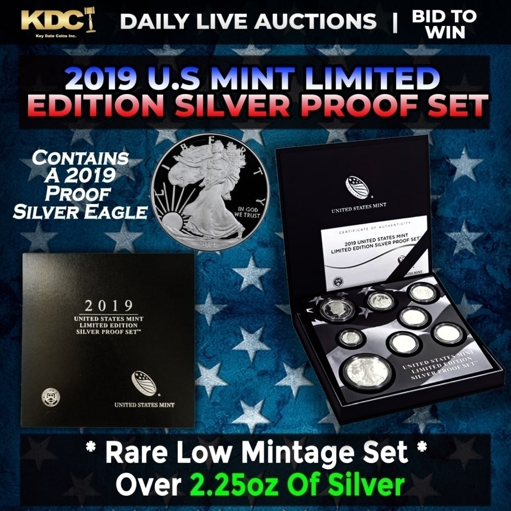 RARE 2019 United States Mint Limited Edition Silver Proof Set 8 coins, Over 2.25oz Of Silver low: RARE 2019 United States Mint Limited Edition Silver Proof Set 8 coins, Over 2.25oz Of Silver low mintage. This 2019 Limited Edition Silver Proof Set is the first of its kind with 8 coins that are 99.9