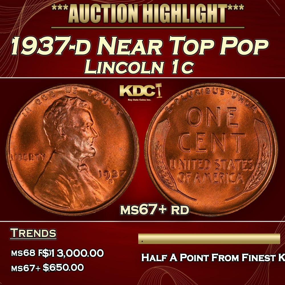 1937-d Lincoln Cent Near Top Pop 1c ms67+ rd SEGS (1 of 3)