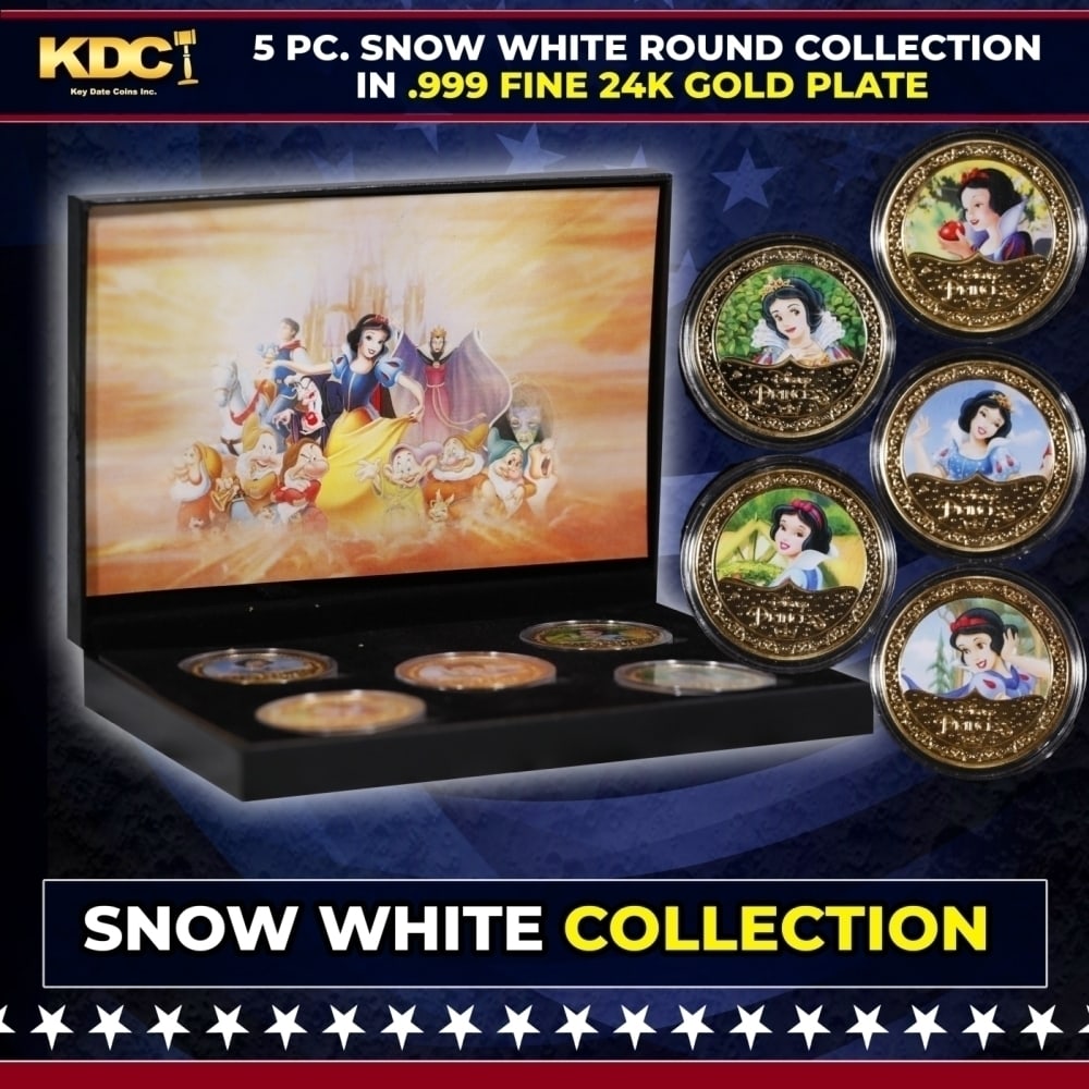 5 Coin Disney Snow White Gold Plated Round Collection In Custom Box W/ Special Backer card: 5 Coin Disney Snow White Gold Plated Round Collection In Custom Box W/ Special Backer card. Please Note All Backer Cards may have slight differences but will be very similar if not identical to the on