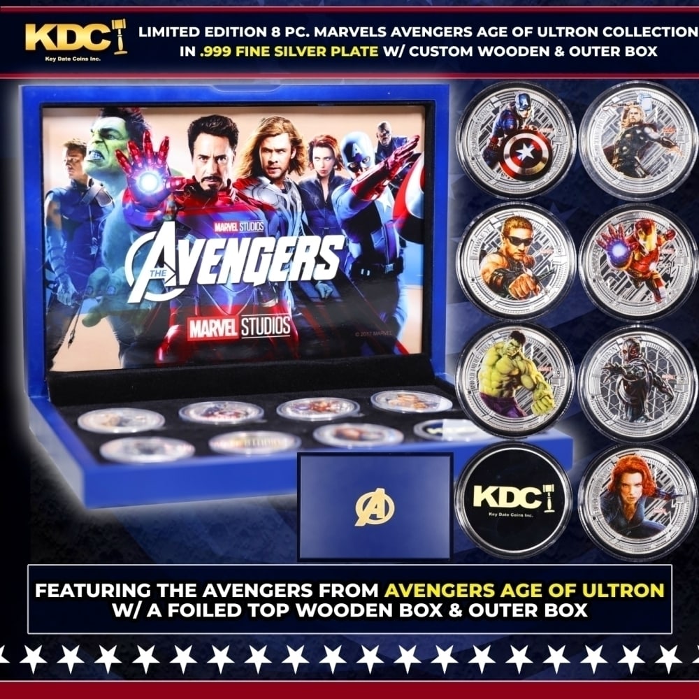 Limited Edition 8 Coin Marvel Avengers Age of Ultron Silver Plated Collection In Custom WOODEN Box (1 of 6)