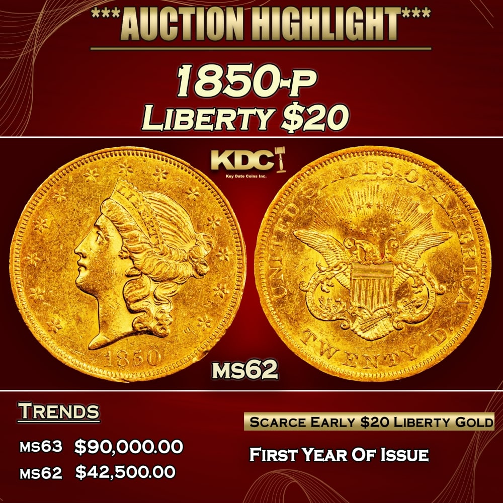 1850-p Gold Liberty Double Eagle $20 ms62 USCG (1 of 3)