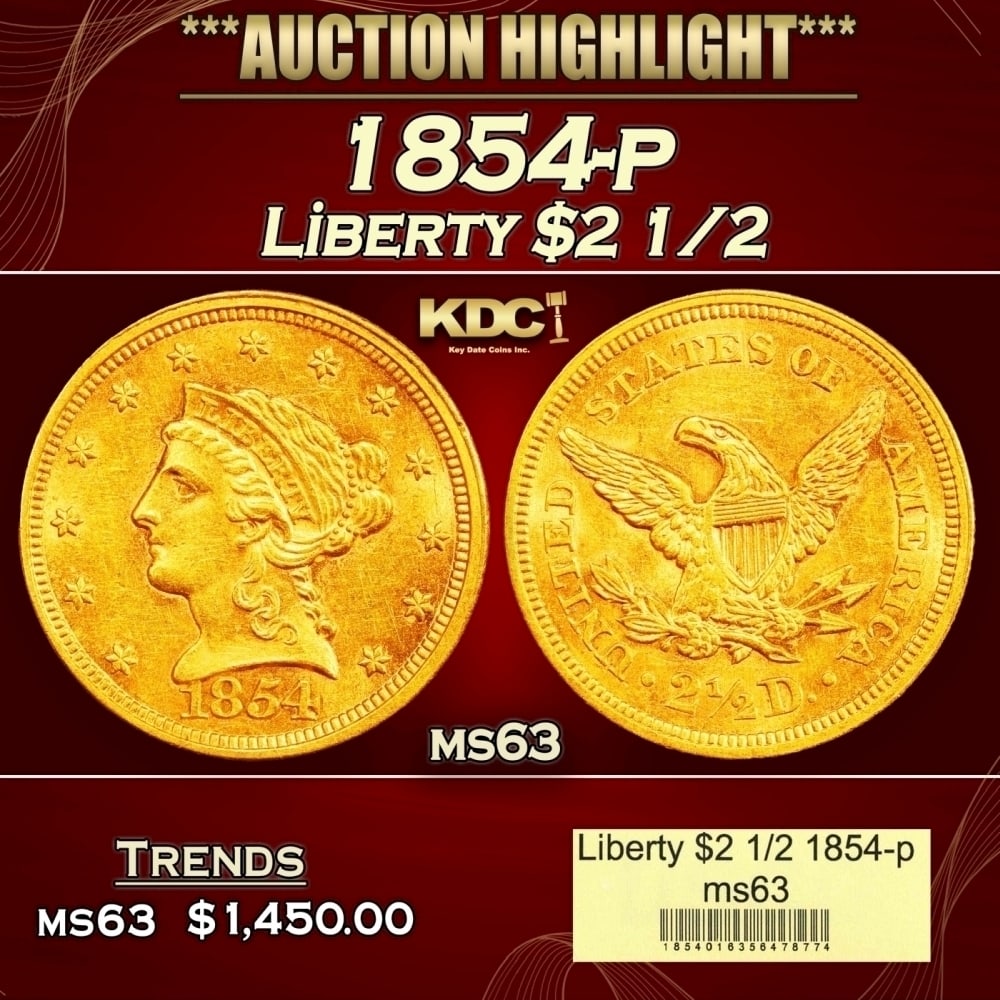 1854-p Gold Liberty Quarter Eagle $2 1/2 ms63 USCG (1 of 4)