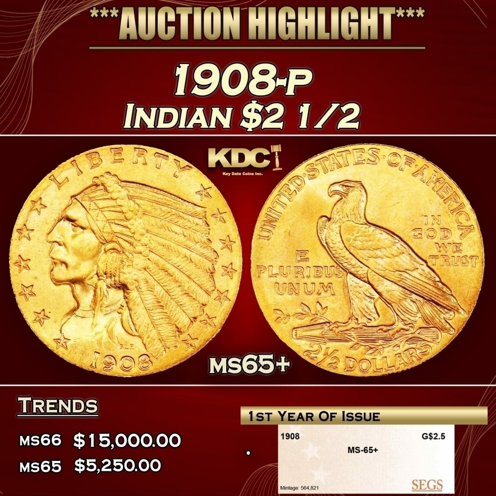 1908-p Gold Indian Quarter Eagle $2 1/2 ms65+ SEGS: 1908-p Gold Indian Quarter Eagle $2 1/2 ms65+ SEGS. The first-year-of-issue 1908 Indian five dollar was saved in greater numbers than following years, giving it a second reason for type collectors to 