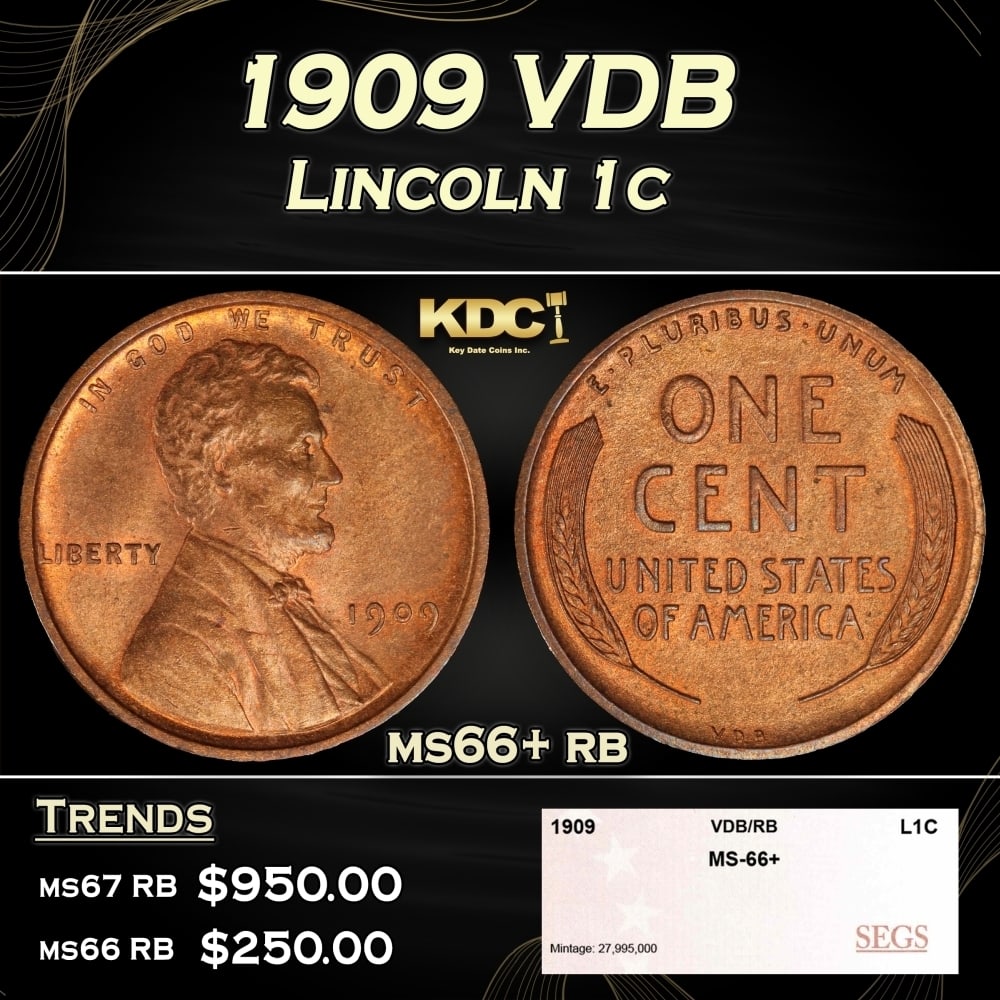 1909 VDB Lincoln Cent 1c ms66+ rb SEGS (1 of 4)