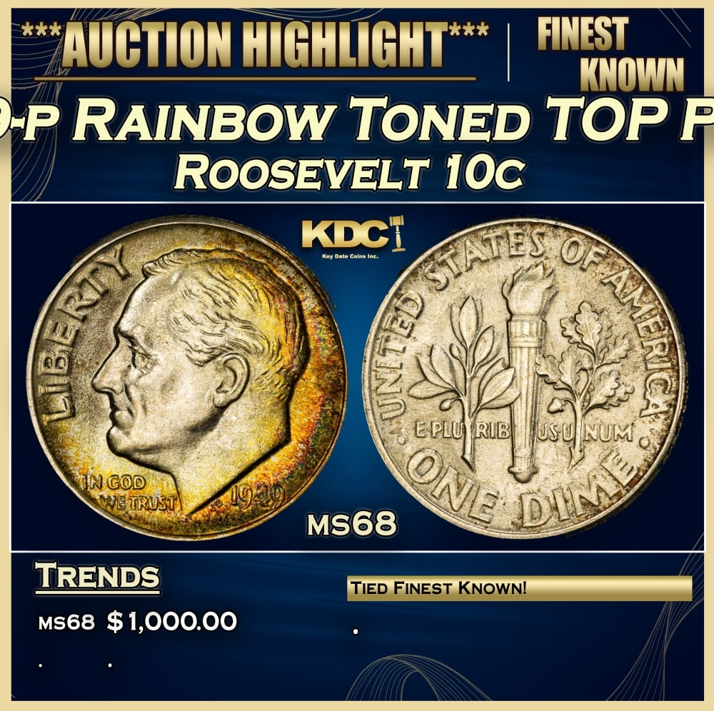 1949-p Roosevelt Dime Rainbow Toned TOP POP! 10c ms68 SEGS (1 of 3)