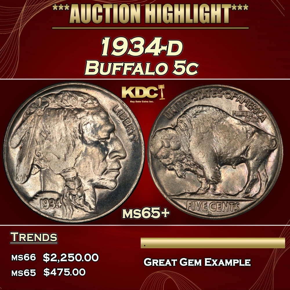 1934-d Buffalo Nickel 5c ms65+ SEGS: 1934-d Buffalo Nickel 5c ms65+ SEGS.