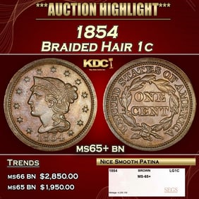 1854 Braided Hair Large Cent 1c ms65+ bn SEGS
