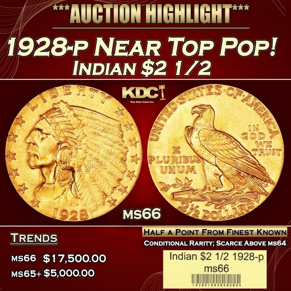 1928-p Gold Indian Quarter Eagle Near Top Pop! $2 1/2 ms66 USCG: 1928-p Near Top Pop! Gold Indian Quarter Eagle $2 1/2 ms66 USCG. Per David Akers of PCGS" The 1928 is slightly more rare overall than the 1926 and 1927 and although MS-63 or lesser quality specimens a
