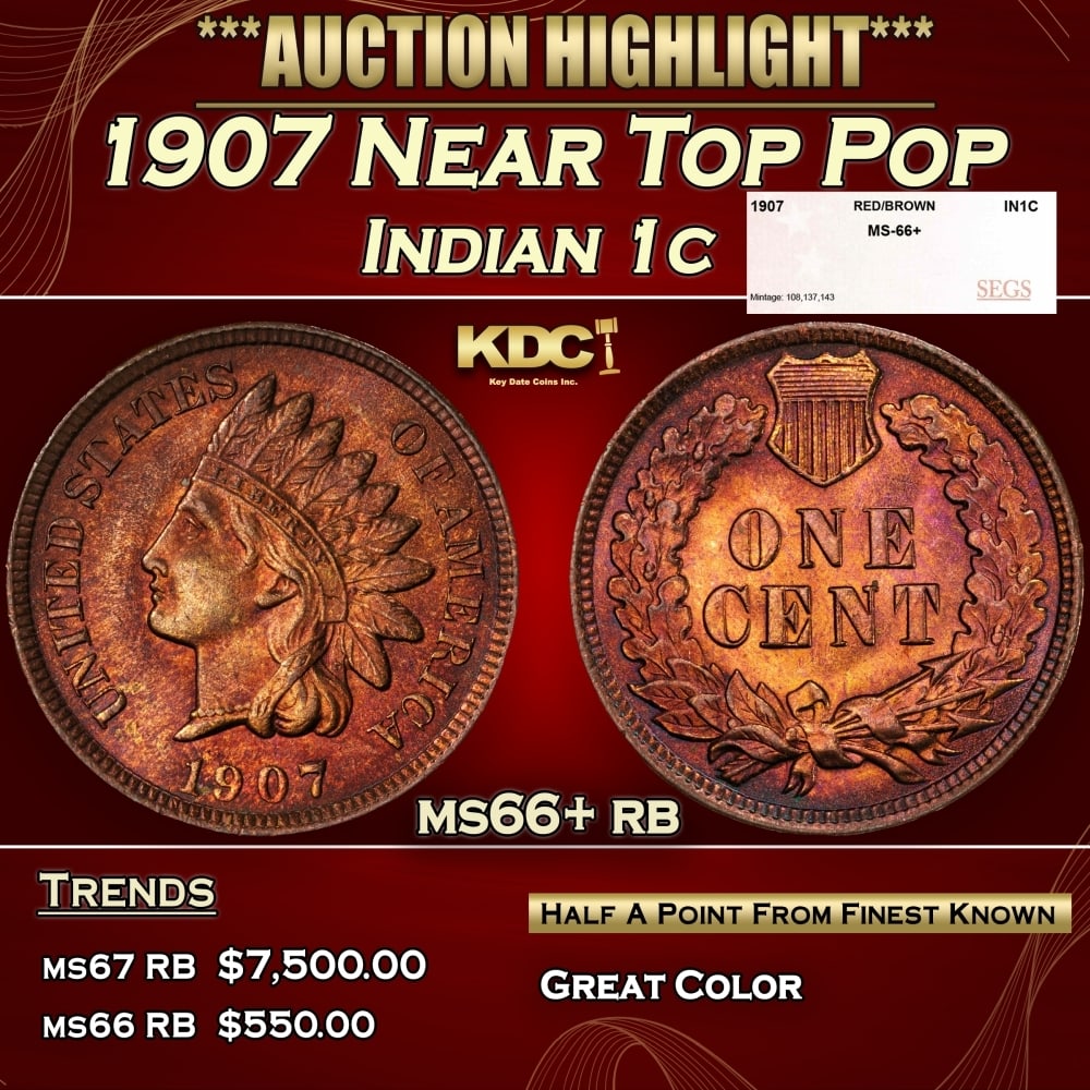 1907 Indian Cent Near Top Pop 1c ms66+ rb SEGS (1 of 4)
