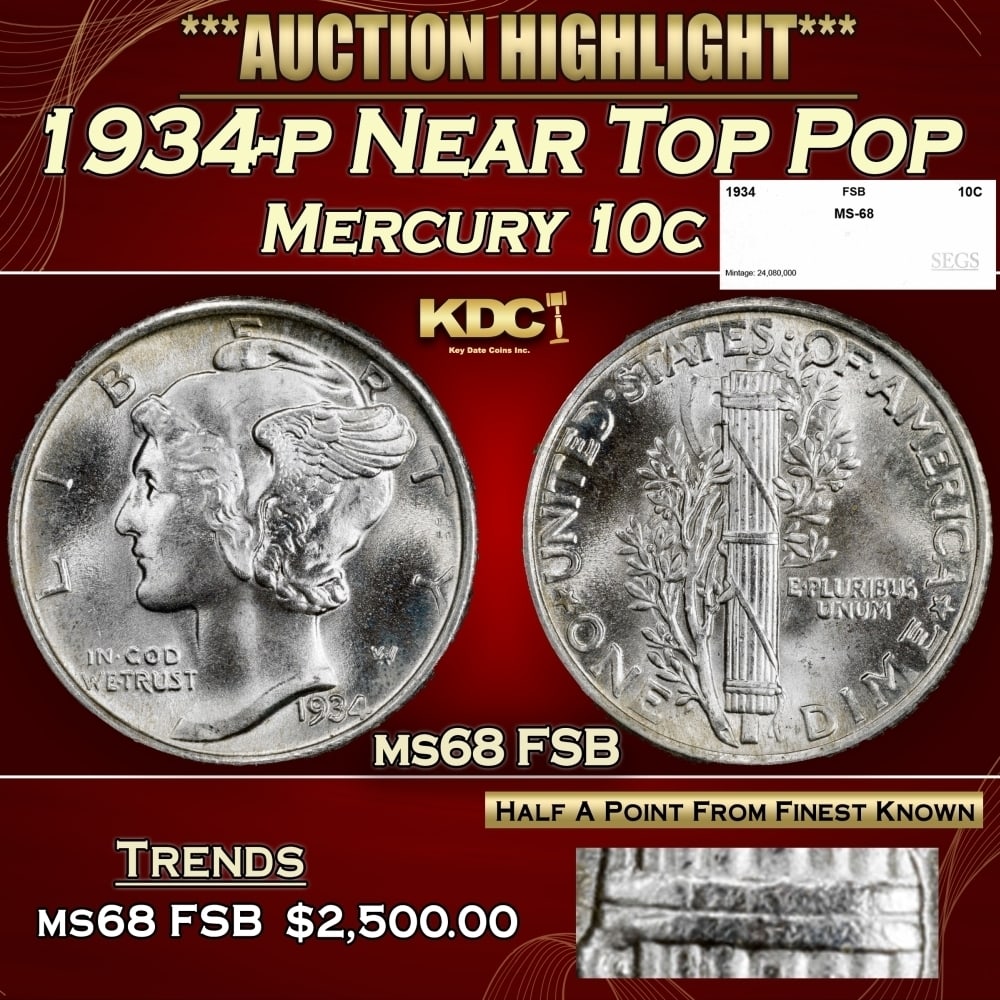 1934-p Mercury Dime Near Top Pop 10c ms68 FSB SEGS (1 of 5)