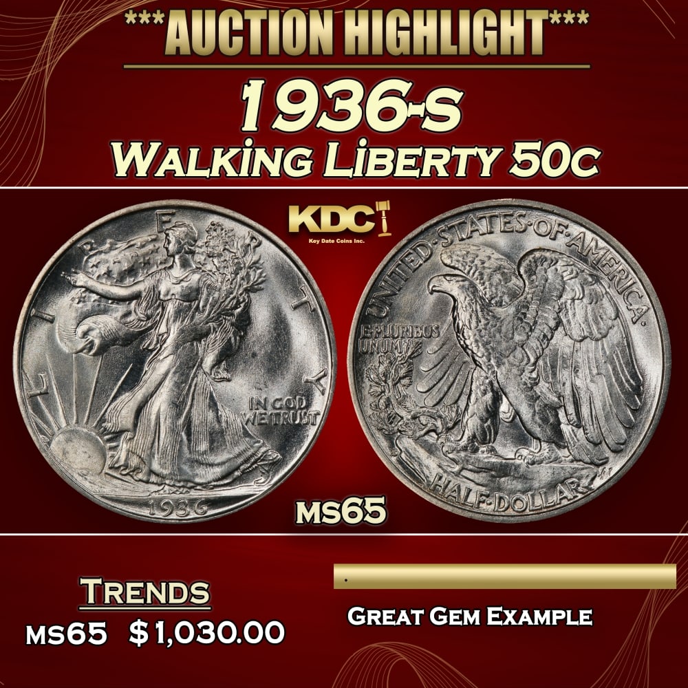 1936-s Walking Liberty Half Dollar 50c Grades ms65 (1 of 3)