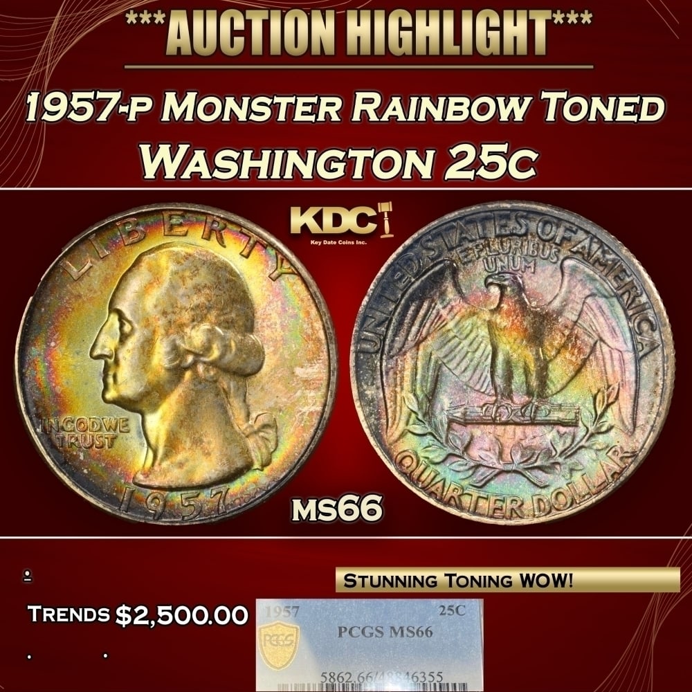 PCGS 1957-p Washington Quarter Monster Rainbow Toned 25c ms66 PCGS (1 of 4)