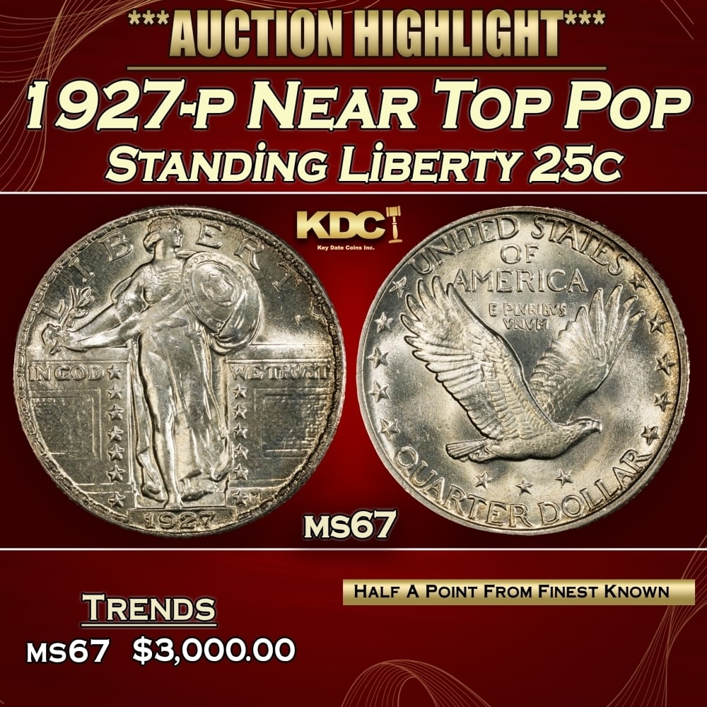 1927-p Standing Liberty Quarter Near Top Pop 25c Grades ms67 (1 of 3)