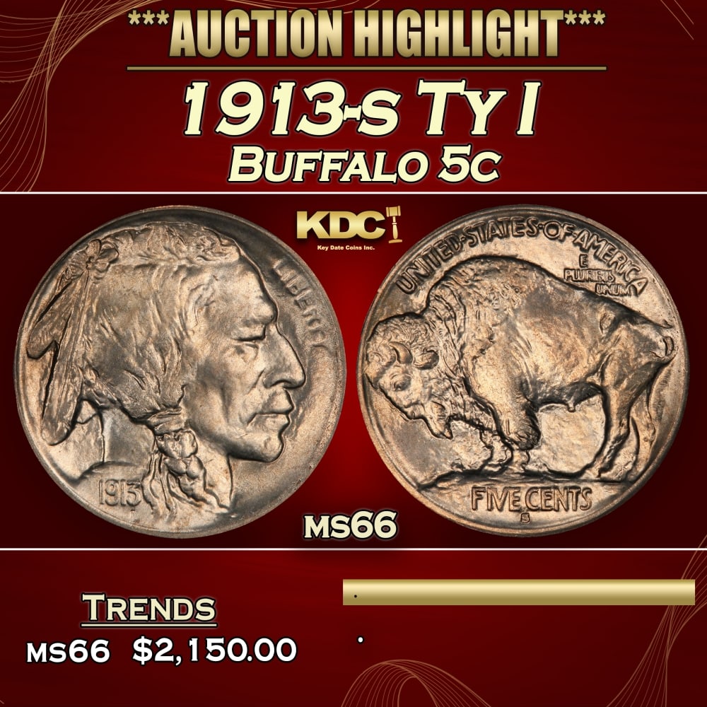 1913-s Ty I Buffalo Nickel 5c ms66 SEGS (1 of 3)