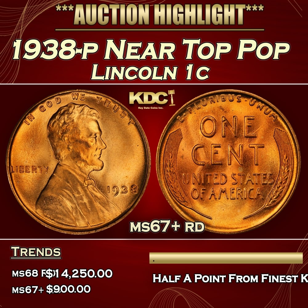 1938-p Lincoln Cent Near Top Pop 1c ms67+ rd SEGS (1 of 3)