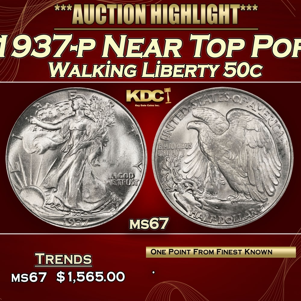 1937-p Walking Liberty Half Dollar Near Top Pop 50c ms67 SEGS (1 of 3)