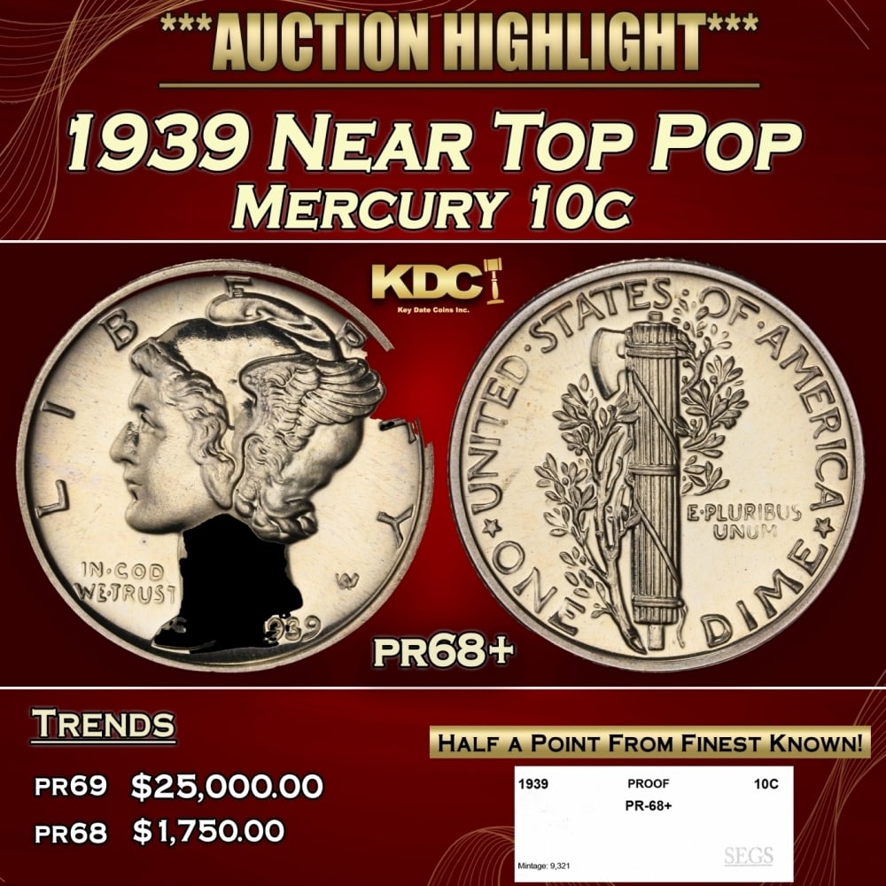 1939 Proof Mercury Dime Near Top Pop 10c pr68+ SEGS (1 of 4)