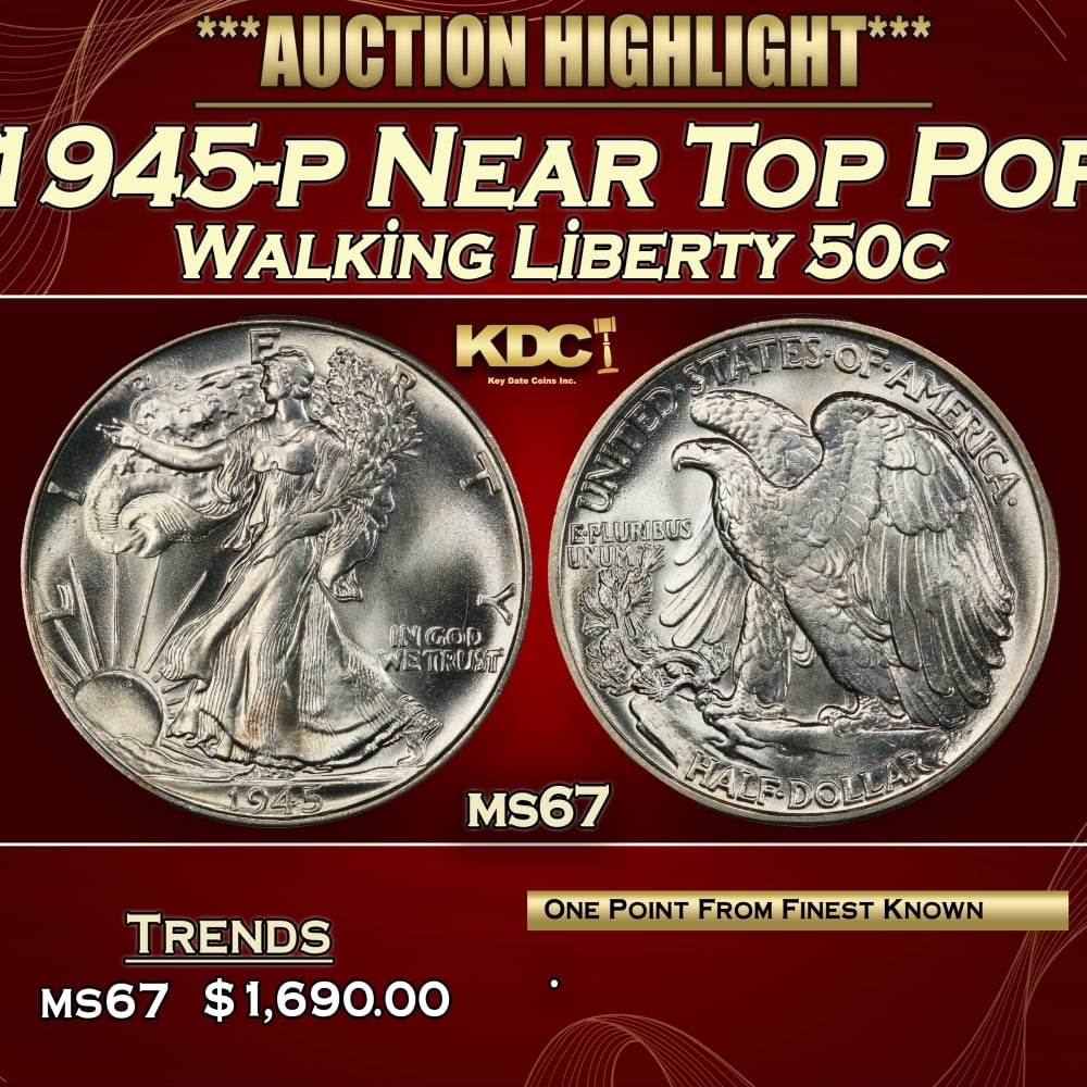 1945-p Walking Liberty Half Dollar Near Top Pop 50c ms67 SEGS: 1945-p Near Top Pop Walking Liberty Half Dollar 50c ms67 SEGS.