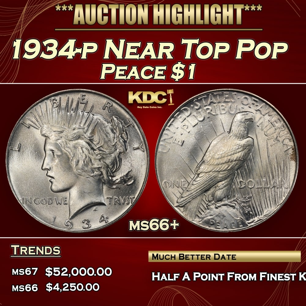 1934-p Peace Dollar Near Top Pop $1 ms66+ SEGS (1 of 3)