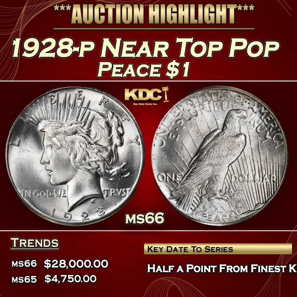 1928-p Peace Dollar Near Top Pop $1 ms66 SEGS (1 of 3)
