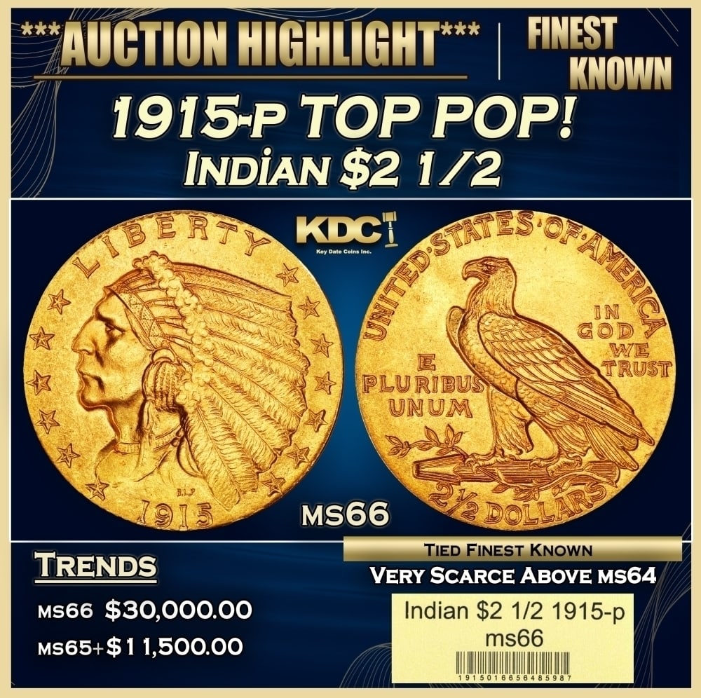 1915-p Gold Indian Quarter Eagle TOP POP! $2 1/2 ms66 USCG: 1915-p TOP POP! Gold Indian Quarter Eagle $2 1/2 ms66 USCG. The 1915 survives in great numbers through MS64, but like most other issues in Bela Lyon Pratt's Indian quarter eagle series, the population