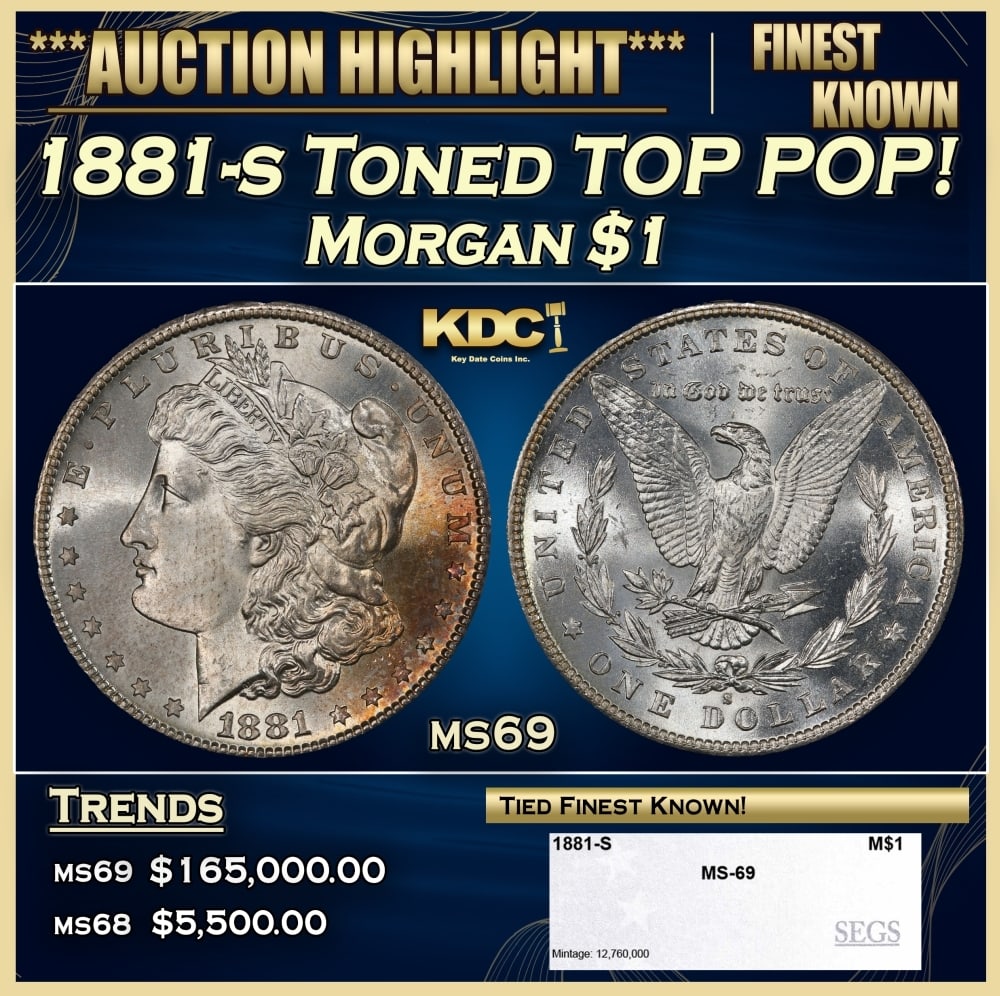 1881-s Morgan Dollar Toned TOP POP! $1 ms69 SEGS: 1881-s Toned TOP POP! Morgan Dollar $1 ms69 SEGS. 0