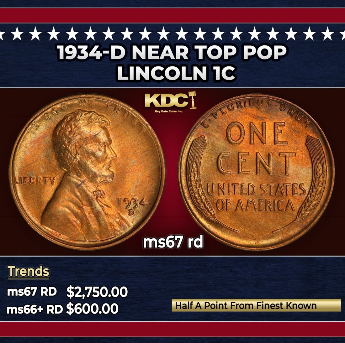 1934-d Lincoln Cent Near Top Pop 1c ms67 rd SEGS (1 of 3)