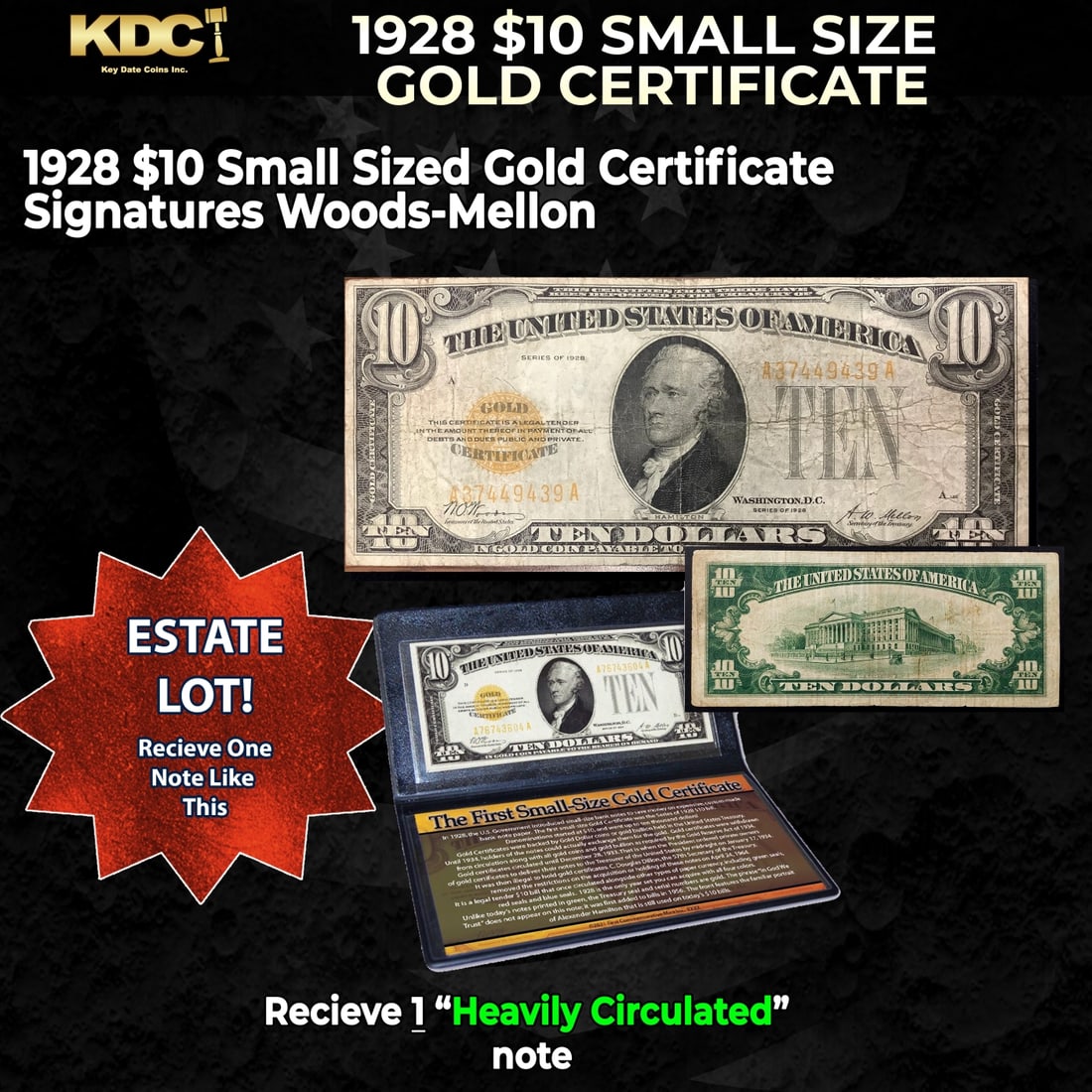 1x 1928 $10 Small Size Gold Certificate Heavily Circulated (1 of 1)
