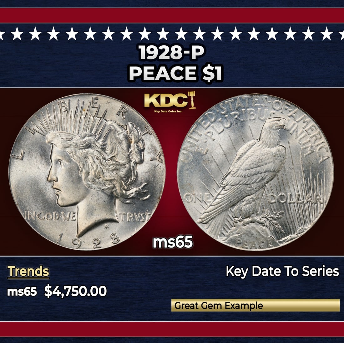 1928-p Peace Dollar $1 ms65 SEGS: 1928-p Peace Dollar $1 ms65 SEGS. Incredibly scarce date, lowest mintage in the entire Peace Dollar Series. Scarce in all grades. Historic precious metal trends is causing increased spot pricing by th