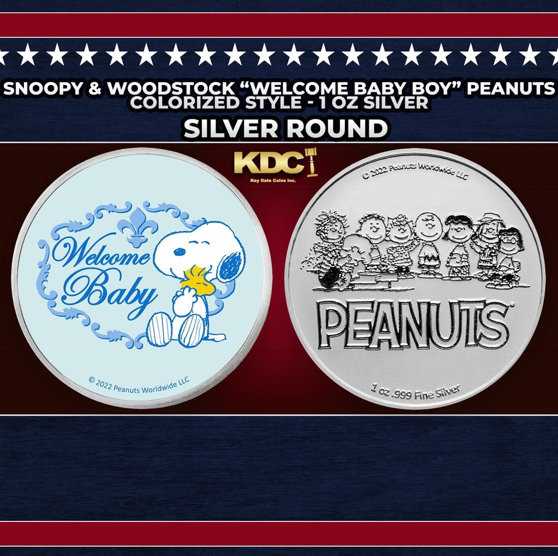 Snoopy & Woodstock "Welcome Baby Boy" Peanuts Colorized Style - 1 oz Silver Round Round (1 of 3)