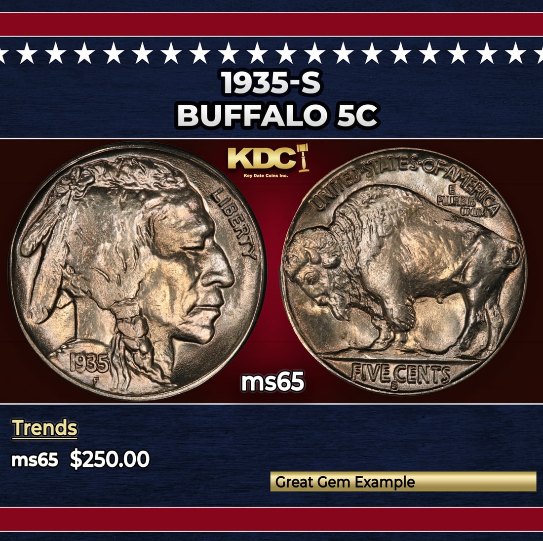 1935-s Buffalo Nickel 5c Grades ms65 (1 of 3)