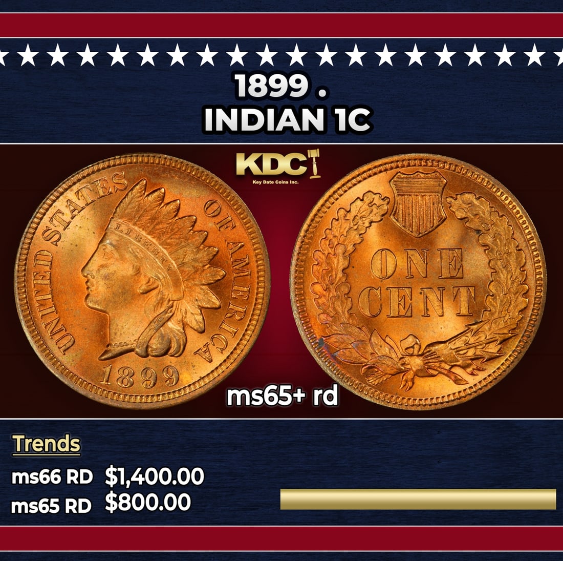 1899 Indian Cent . 1c ms65+ rd SEGS: 1899 . Indian Cent 1c ms65+ rd SEGS. Historic precious metal trends is causing increased spot pricing by the day. On auctions with set openings, we are doing our best to have items priced at their mar