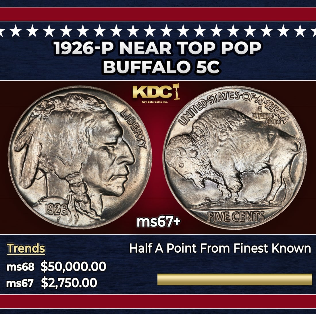 1926-p Buffalo Nickel Near Top Pop 5c ms67+ SEGS: 1926-p Near Top Pop Buffalo Nickel 5c ms67+ SEGS. Historic precious metal trends is causing increased spot pricing by the day. On auctions with set openings, we are doing our best to have items priced