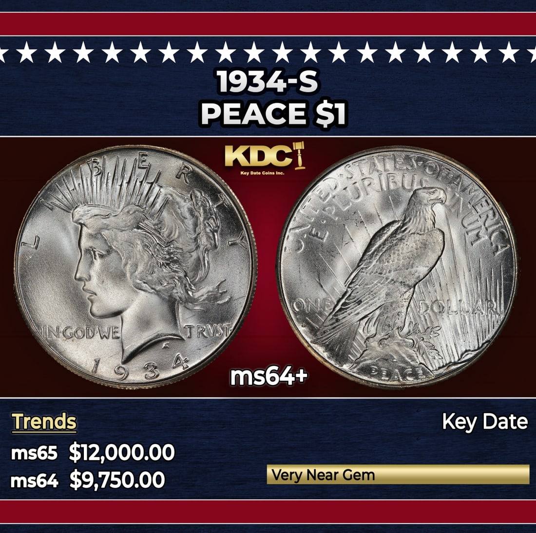 1934-s Peace Dollar $1 ms64+ USCG: 1934-s Peace Dollar $1 ms64+ USCG. Historic precious metal trends is causing increased spot pricing by the day. On auctions with set openings, we are doing our best to have items priced at their marke