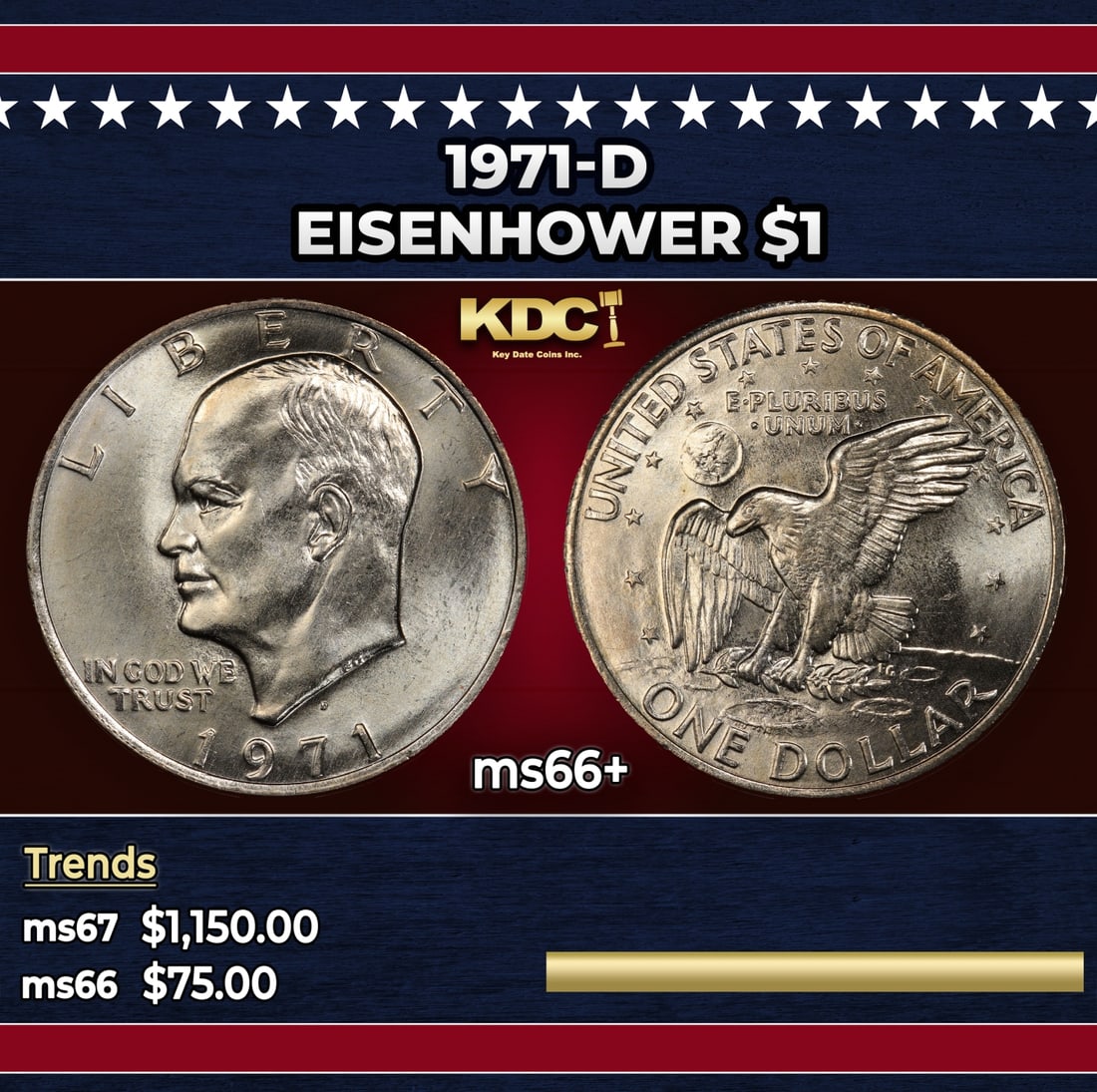 1971-d Eisenhower Dollar $1 ms66+ SEGS: 1971-d Eisenhower Dollar $1 ms66+ SEGS. Historic precious metal trends is causing increased spot pricing by the day. On auctions with set openings, we are doing our best to have items priced at their 