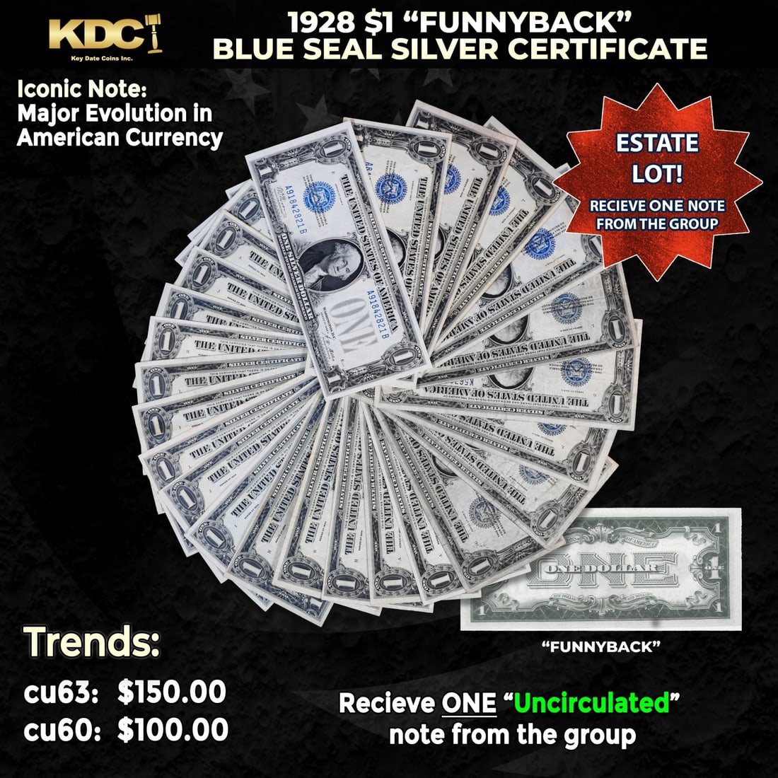 1x 1928 $1 Funnyback Blue Seal Silver Certificate Grades CU: 1x 1928 $1 Funnyback Blue Seal Silver Certificate Grades CU. These were the first notes to be called funnybacks. The reason they are called funnybacks is because of the unique design on the back of