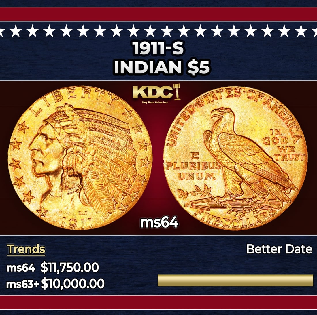 1911-s Gold Indian Half Eagle $5 ms64 USCG: 1911-s Gold Indian Half Eagle $5 ms64 USCG. The 1911-S is a better date in the Indian half eagle series, although not uncollectible. Mint State examples are occasionally available in the MS62 to MS63 