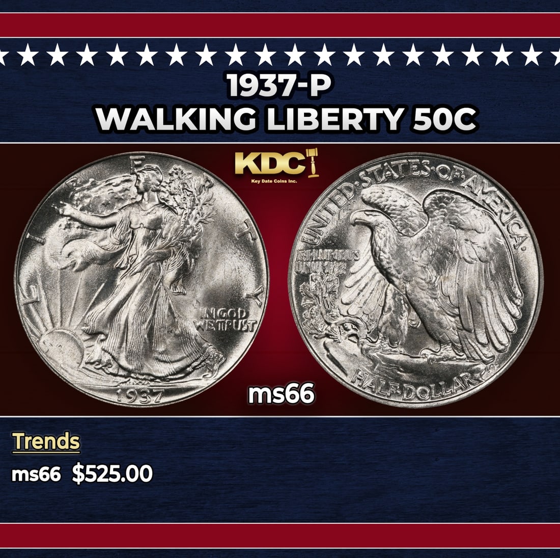 1937-p Walking Liberty Half Dollar 50c Grades ms66 (1 of 3)